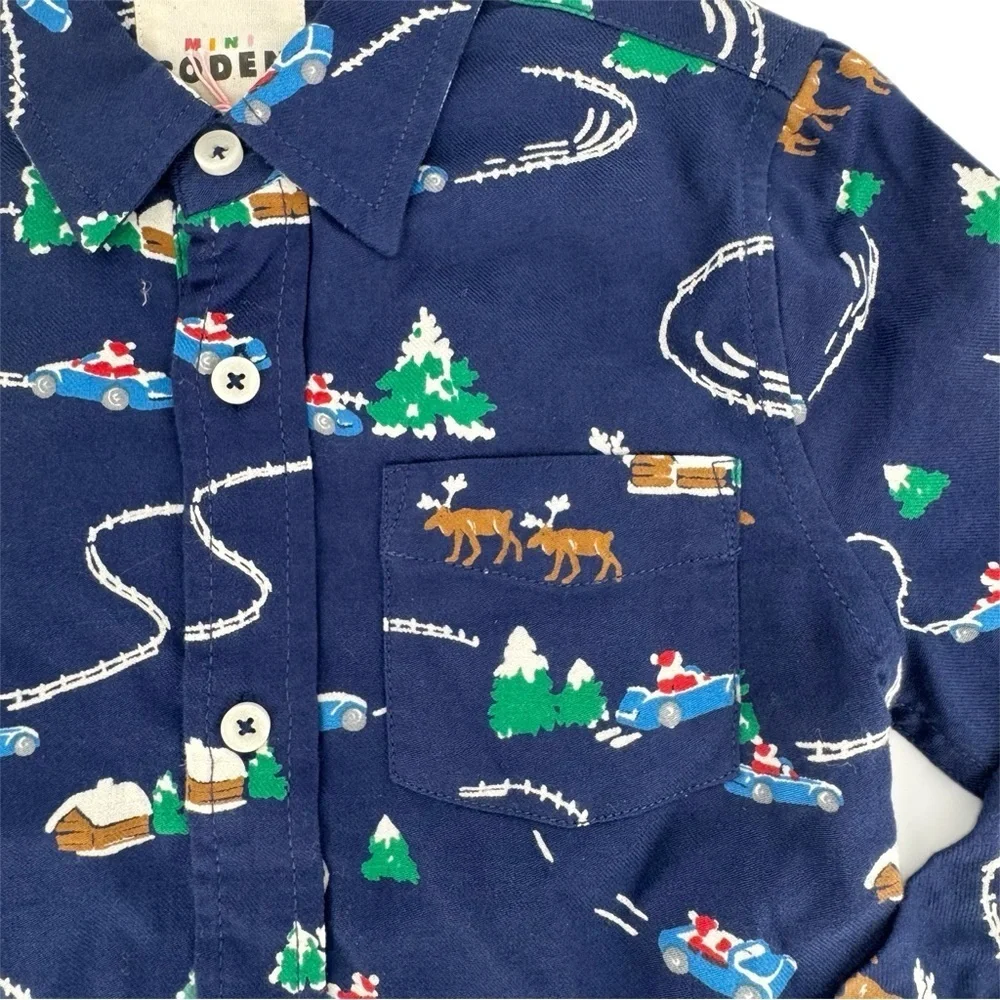 Boys’ Mini Boden Printed Brushed Flannel Shirt Holiday Print Blue Green 6-7Y